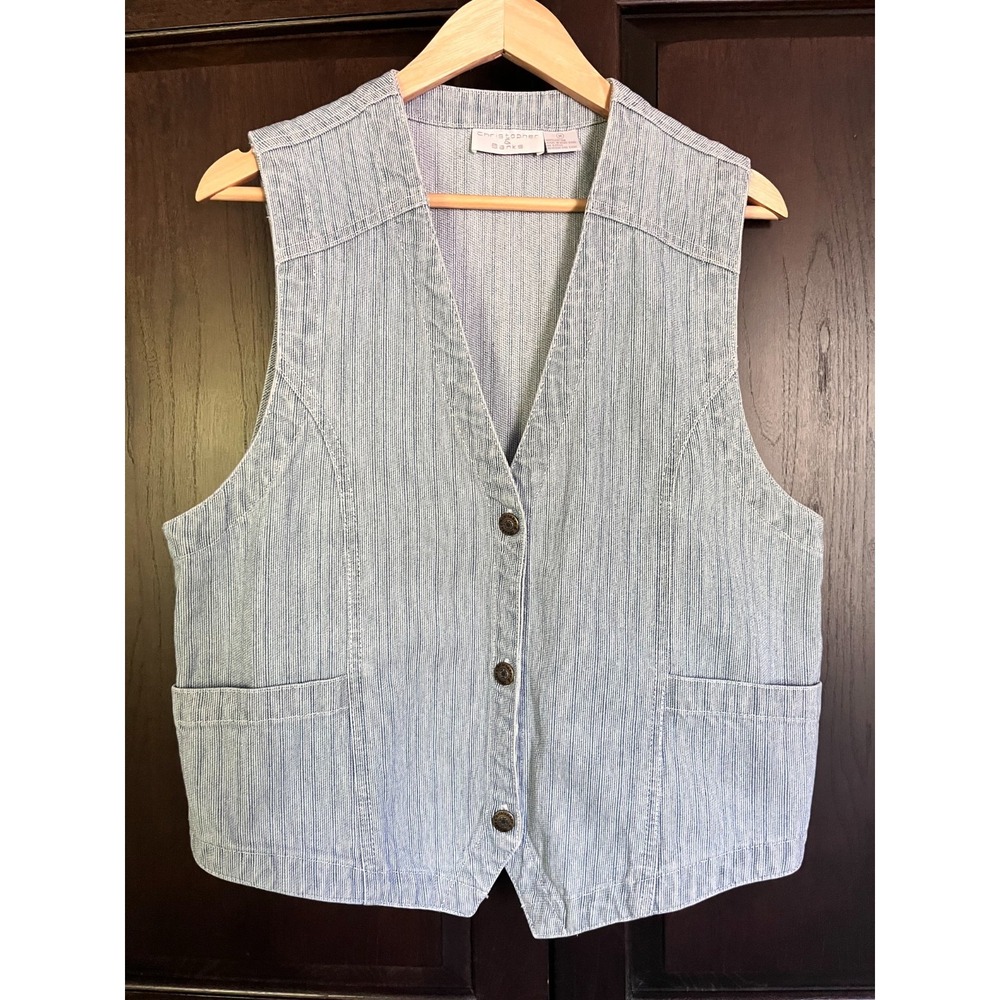 Vintage Christopher & Banks Oversized Denim Vest Womens M Pockets Light Blue